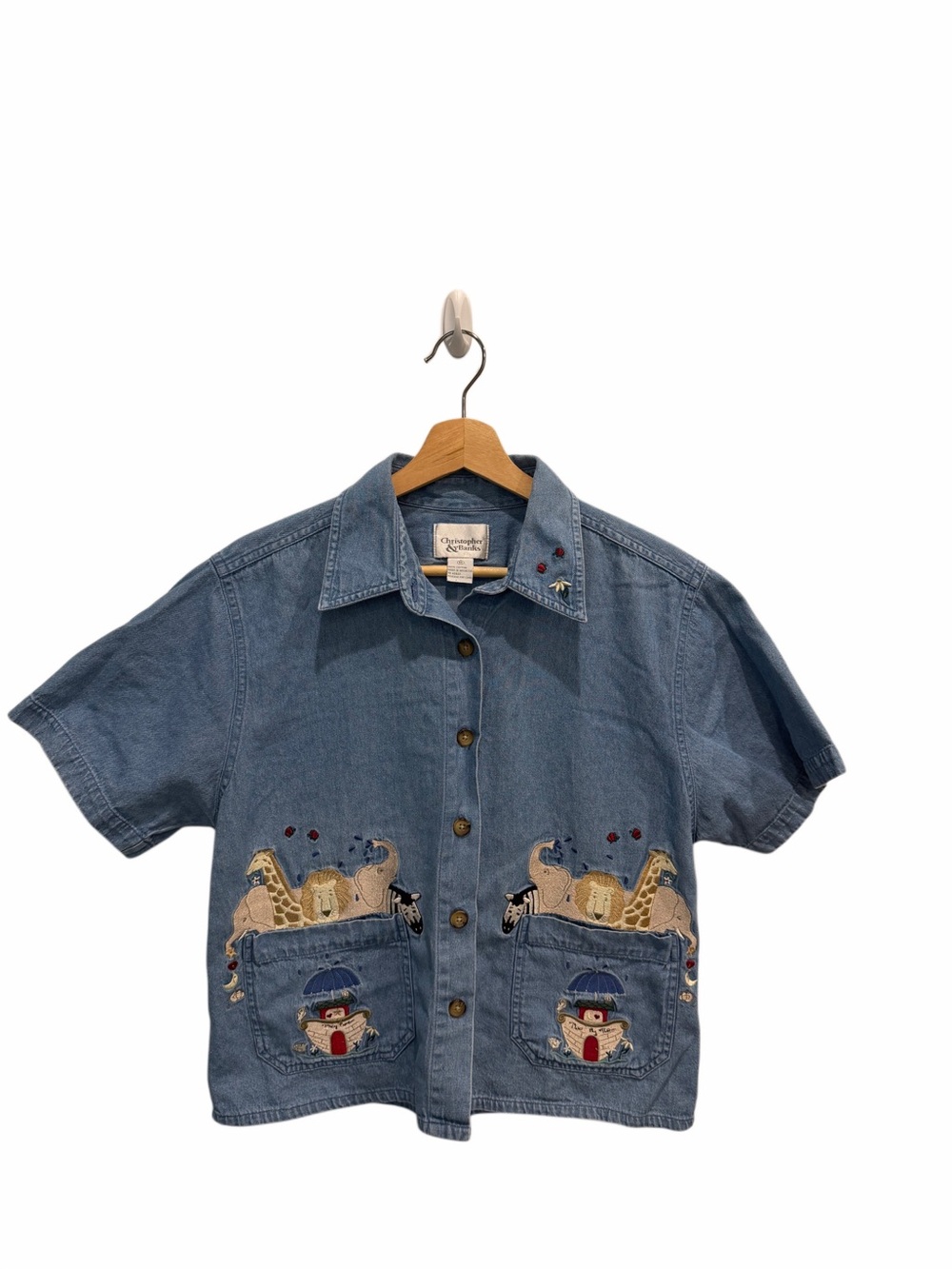 Vintage Christopher & Banks Embroidered Noah's Ark Denim Shirt Size Medium